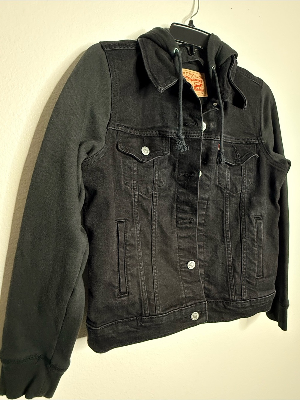 Black Denim-Front Hooded Shirt Jacket